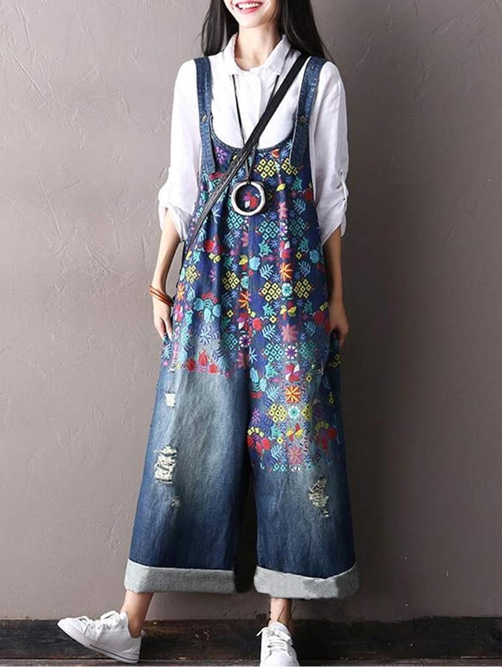 Embroidered Distressed Denim Oversized Overalls